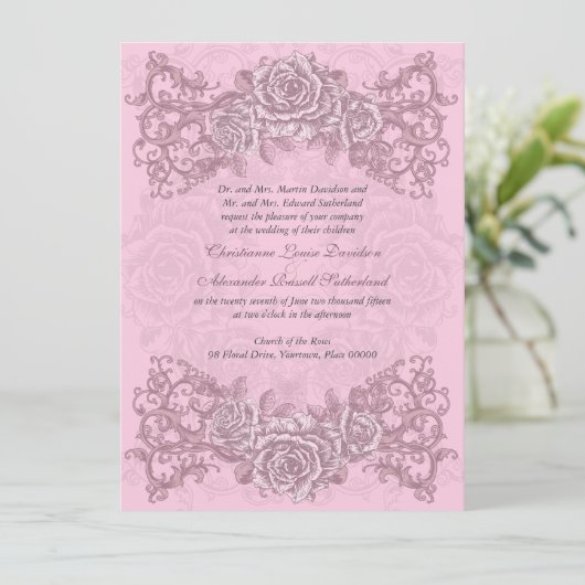 Antiek roze rozen uitnodiging tot huwelijk (Staand voorkant)