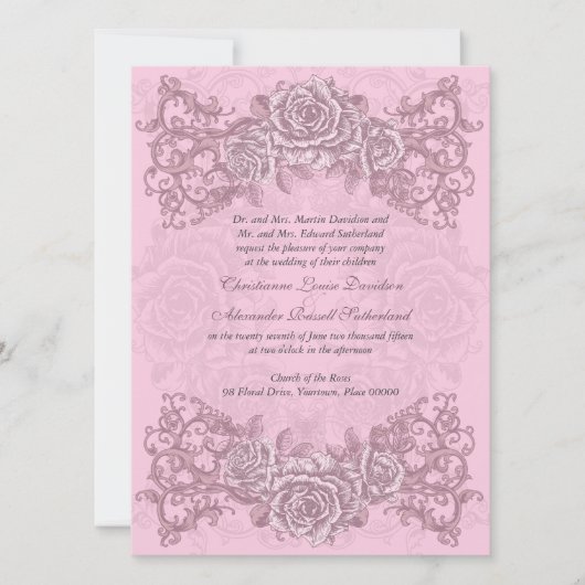 Antiek roze rozen uitnodiging tot huwelijk (Voorkant)