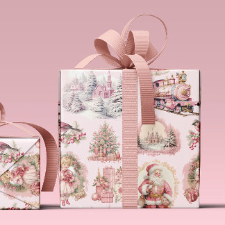 Antiek Roze Victoriaans Kerst Verpakkingsdocument Cadeaupapier