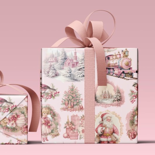 Antiek Roze Victoriaans Kerst Verpakkingsdocument Cadeaupapier