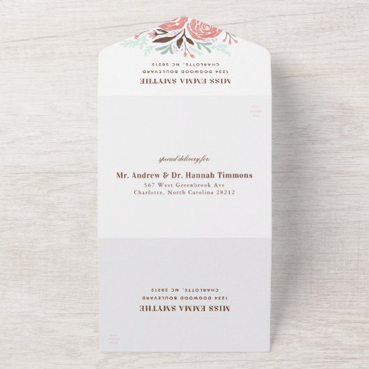 Antiek Roze Waterverf Rozen Bruiloft All In One Uitnodiging (Buitenkant)