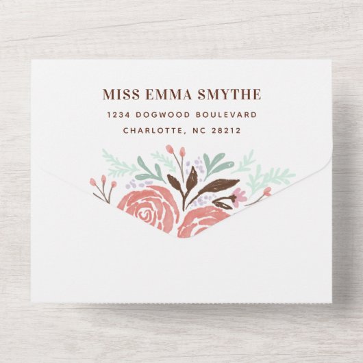 Antiek Roze Waterverf Rozen Bruiloft All In One Uitnodiging (Achterkant)