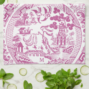 Antiek Roze Wilg China Patroon  Monogram Theedoek