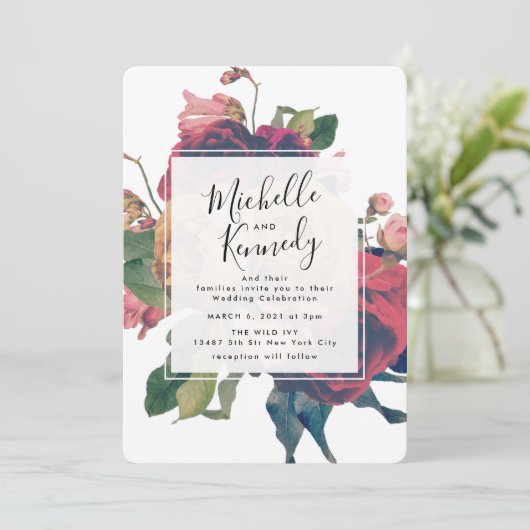 Antiek Rozen Bohemian Wedding Uitnodiging (Staand voorkant)