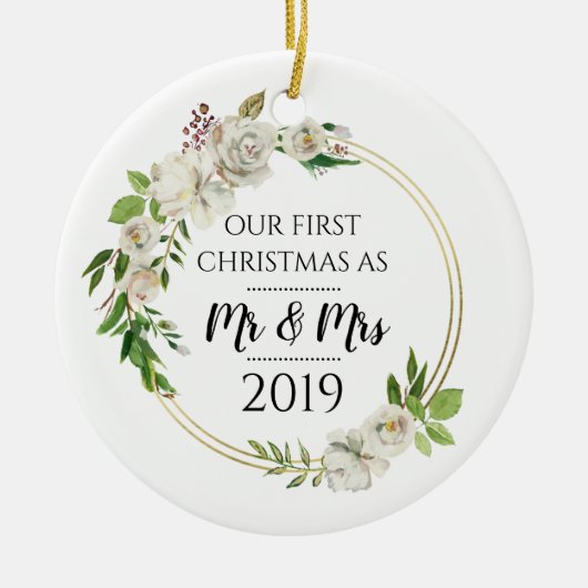 Antiek Rozen Eerste Kerstmis als de heer & mevrouw Keramisch Ornament (Voorkant)