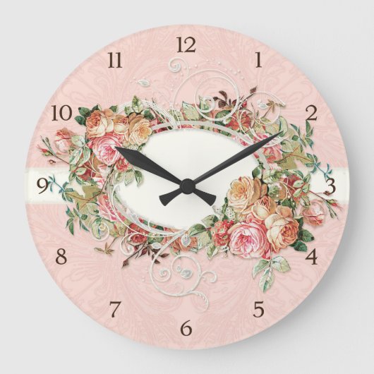 Antiek Rozen Floral Bouquet Moderne Swirls Grote Klok (Voorkant)