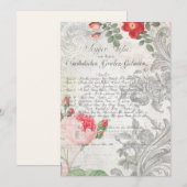 Antiek Rozen, gegraveerde Scroll & Script Notitiekaartje (Voorkant / Achterkant)