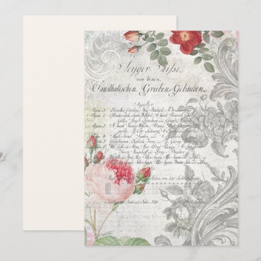 Antiek Rozen, gegraveerde Scroll & Script Notitiekaartje (Voorkant / Achterkant)