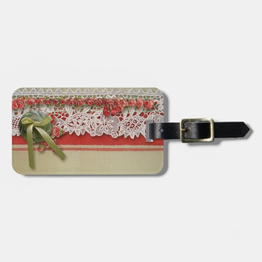 Antiek Rozen kant rustieke rode Victoriaans Burlap Bagagelabel (Voorkant horizontaal)