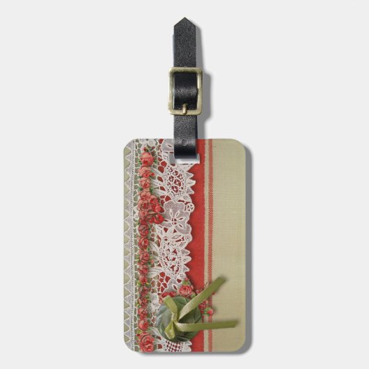 Antiek Rozen kant rustieke rode Victoriaans Burlap Bagagelabel (Voorkant verticaal)