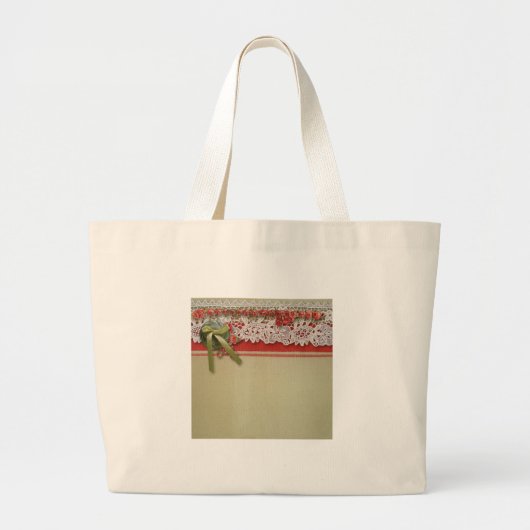 Antiek Rozen kant rustieke rode Victoriaans Burlap Grote Tote Bag (Voorkant)