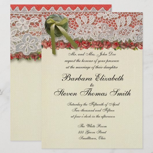 Antiek Rozen kant rustieke rode Victoriaans Burlap Kaart (Voorkant / Achterkant)