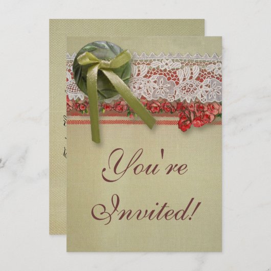 Antiek Rozen kant rustieke rode Victoriaans Burlap Kaart (Voorkant / Achterkant)