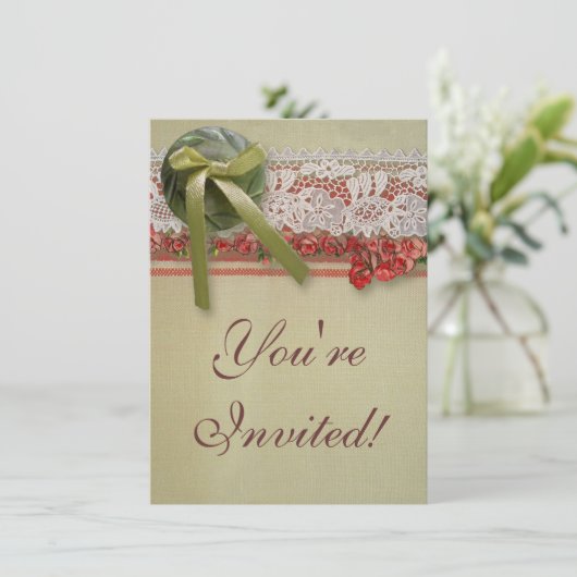 Antiek Rozen kant rustieke rode Victoriaans Burlap Kaart (Staand voorkant)