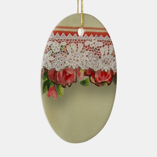 Antiek Rozen kant rustieke rode Victoriaans Burlap Keramisch Ornament (Rechts)