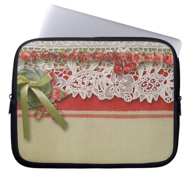 Antiek Rozen kant rustieke rode Victoriaans Burlap Laptop Sleeve (Voorkant)