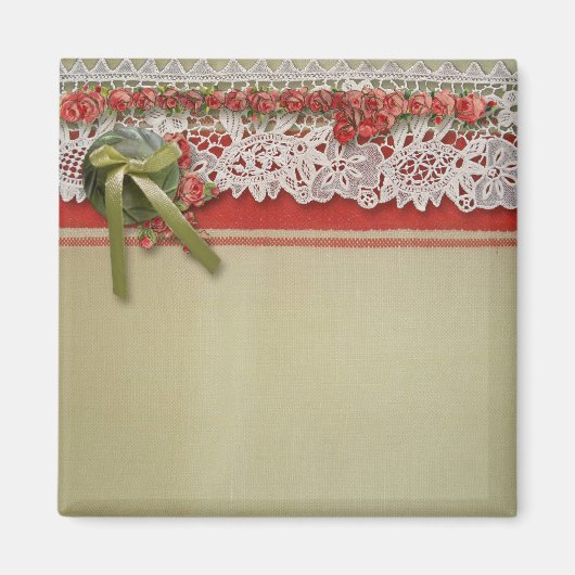 Antiek Rozen kant rustieke rode Victoriaans Burlap Magneet (Voorkant)