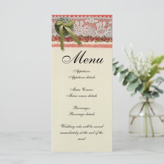 Antiek Rozen kant rustieke rode Victoriaans Burlap Menu (Staand voorkant)