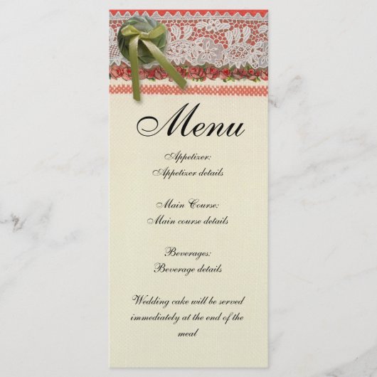 Antiek Rozen kant rustieke rode Victoriaans Burlap Menu (Voorkant)