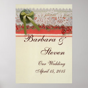 Antiek Rozen kant rustieke rode Victoriaans Burlap Poster