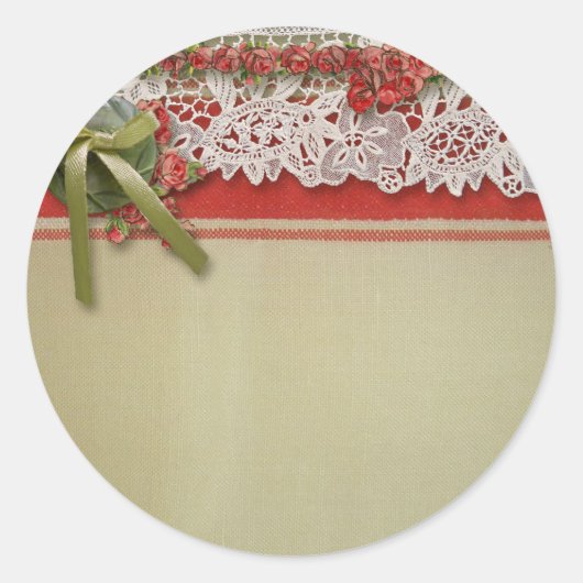 Antiek Rozen kant rustieke rode Victoriaans Burlap Ronde Sticker (Voorkant)