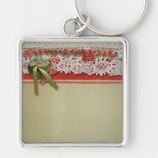 Antiek Rozen kant rustieke rode Victoriaans Burlap Sleutelhanger (Voorkant)