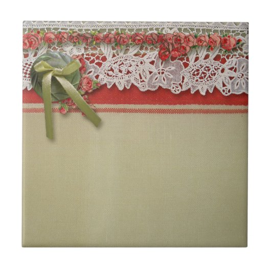 Antiek Rozen kant rustieke rode Victoriaans Burlap Tegeltje (Voorkant)