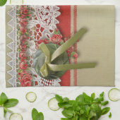 Antiek Rozen kant rustieke rode Victoriaans Burlap Theedoek (Gevouwen)