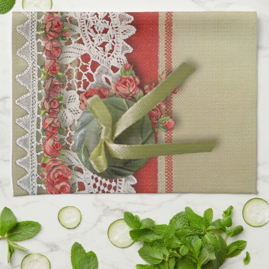 Antiek Rozen kant rustieke rode Victoriaans Burlap Theedoek (Gevouwen)