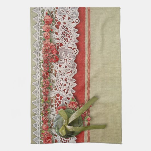 Antiek Rozen kant rustieke rode Victoriaans Burlap Theedoek (Verticaal)