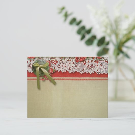 Antiek Rozen kant rustieke rode Victoriaans Burlap Uitnodiging Briefkaart (Staand voorkant)