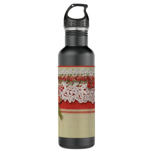 Antiek Rozen kant rustieke rode Victoriaans Burlap Waterfles (Voorkant)