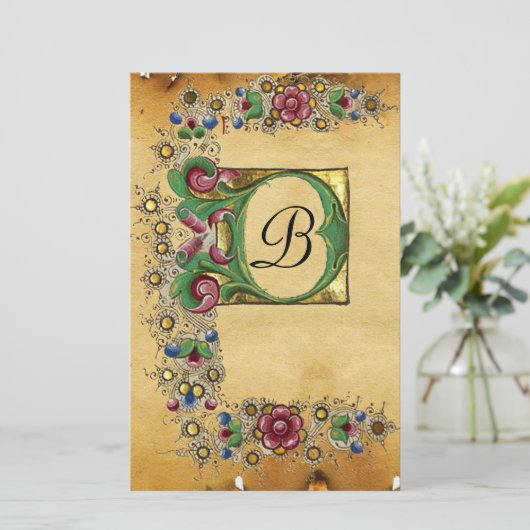 ANTIEK ROZEN MIDDELEEUWS BLOEMPERKAMENT MONOGRAM BRIEFPAPIER (Staand voorkant)