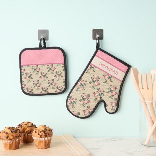Antiek Rozen | Roze en witte pokadots Ovenwant & Pannenlap Set (Insitu(Ophanging))