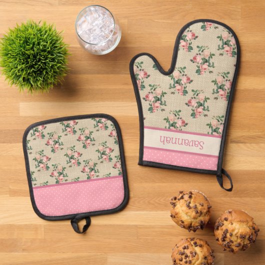 Antiek Rozen | Roze en witte pokadots Ovenwant & Pannenlap Set (Top down)