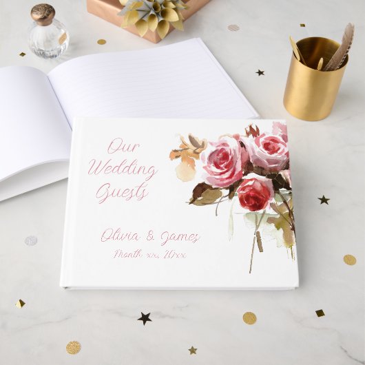 Antiek Rozen Waterverf Roze Bruiloft Receptie Gastenboek (Voorkant open)