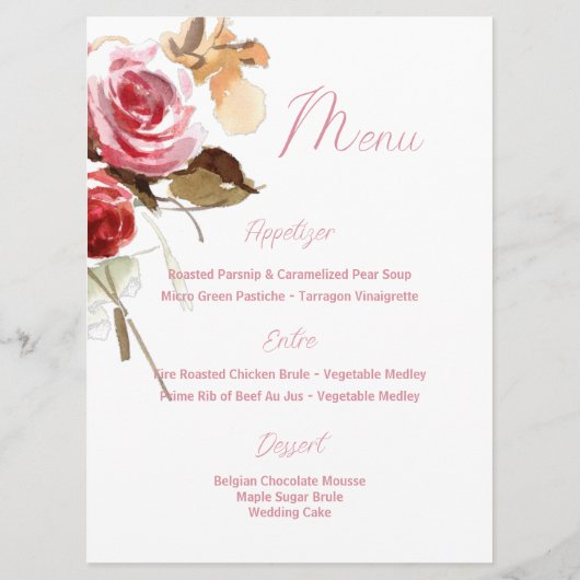 Antiek Rozen Waterverf Roze Bruiloft Receptie Menu (Achterkant)