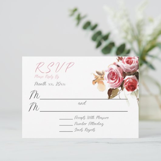 Antiek Rozen Waterverf Roze Bruiloft RSVP Kaartje (Staand voorkant)