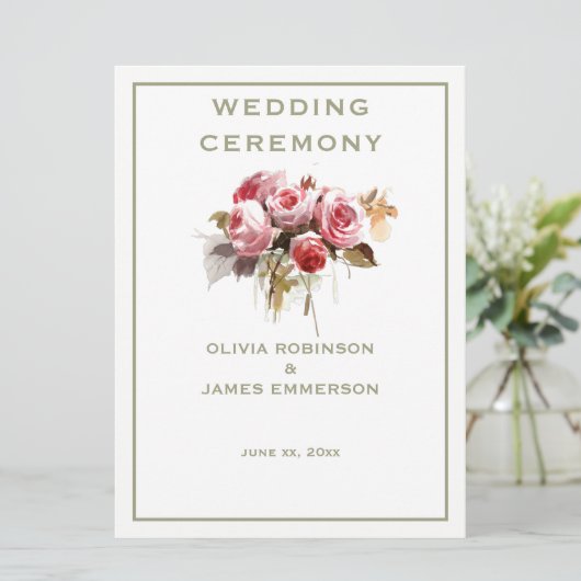 Antiek Rozen Waterverf Rozen Ceremonie Programma Programmakaart (Staand voorkant)