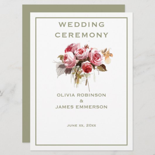 Antiek Rozen Waterverf Rozen Ceremonie Programma Programmakaart (Voorkant / Achterkant)