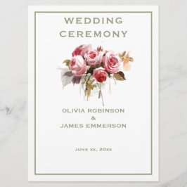 Antiek Rozen Waterverf Rozen Ceremonie Programma Programmakaart