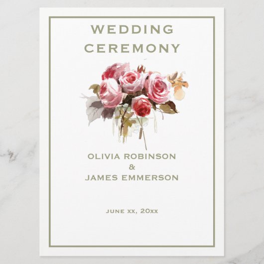 Antiek Rozen Waterverf Rozen Ceremonie Programma Programmakaart (Voorkant)