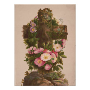 Antiek rustiek kruis, wilde rozen, Pasen kaart, Perfect Poster