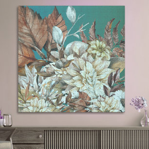 Antiek rustieke bloemen geschilderd over Blauwgroe Canvas Afdruk