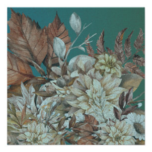Antiek rustieke bloemen geschilderd over Blauwgroe Perfect Poster