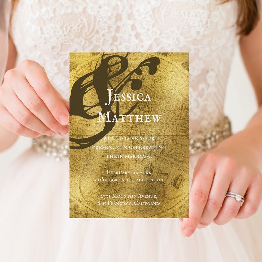 Antiek rustieke gouden kaart huwelijksuitnodiging