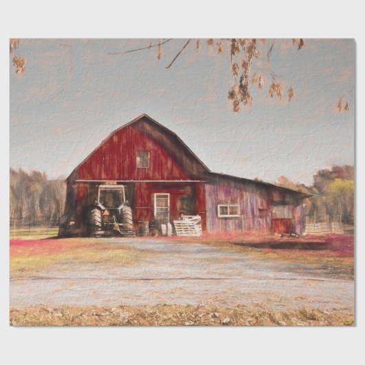  Antiek Rustige textuur Schets Kunst Rood Barn Cadeaupapier (Vlak)