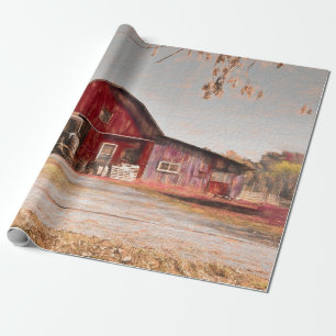  Antiek Rustige textuur Schets Kunst Rood Barn Cadeaupapier