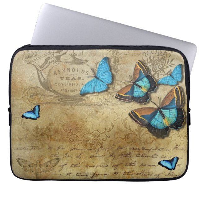 Antiek Rustische ontkoppeling en blauwe vlinders Laptop Sleeve (Voorkant)