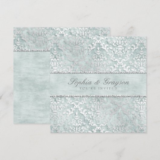 Antiek Sage Glimmer Damask Wedding Invite Kaart (Voorkant / Achterkant)